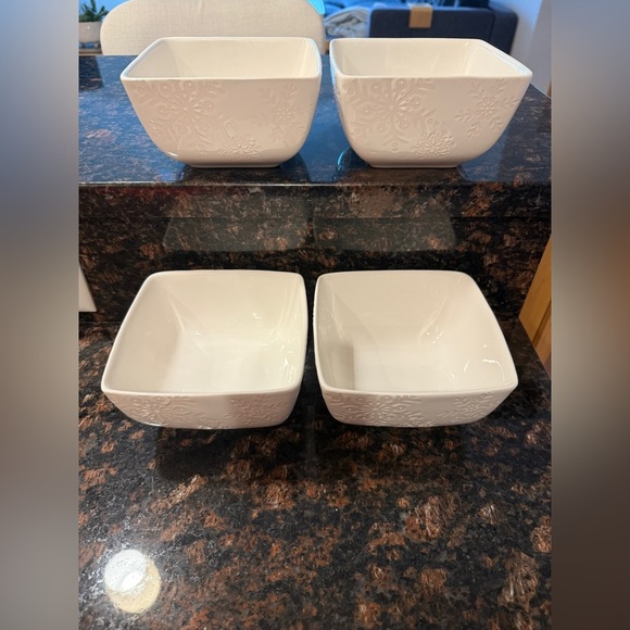 Other - SET OF 4 WHITE Square CERAMIC BOWLS SNOWFLAKE Embossed Winter
